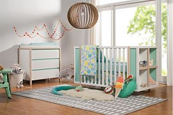 Picture of BabyLetto Bingo 3-in-1 Convertible Crib and Storage Combo with toddler rail White / Washed Narutal with Cool Mint-White / Washed Natural Finish